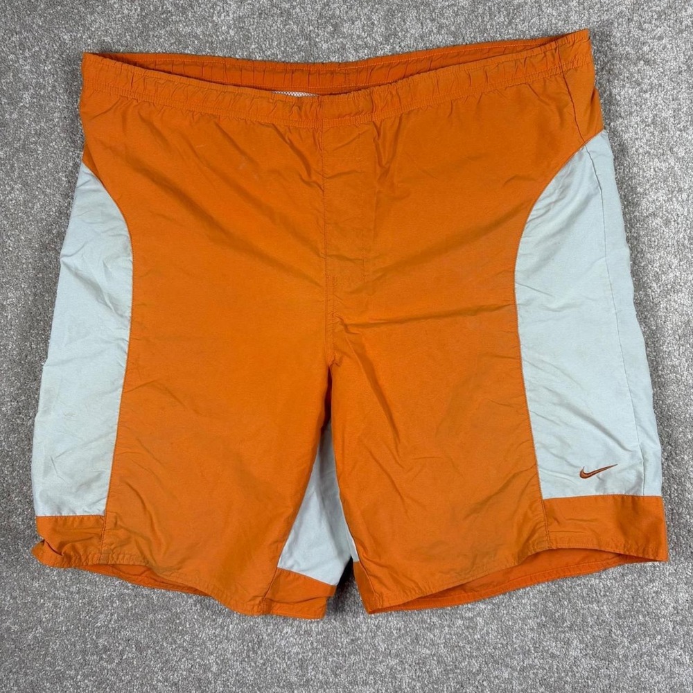 Nike Swim Trunks Mens Large Orange Grey Colorblock Mesh Lined 9 Inseam Shorts